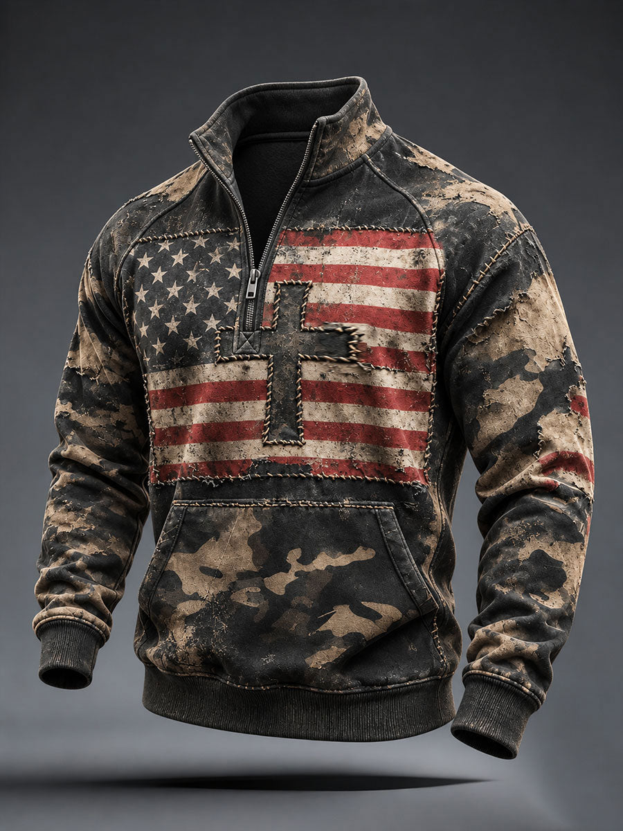 Men's American Flag Cross Camouflage Print Zip-Up Hoodie