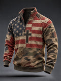 Men's American Flag Camouflage Cross Print Zip-Up Hoodie