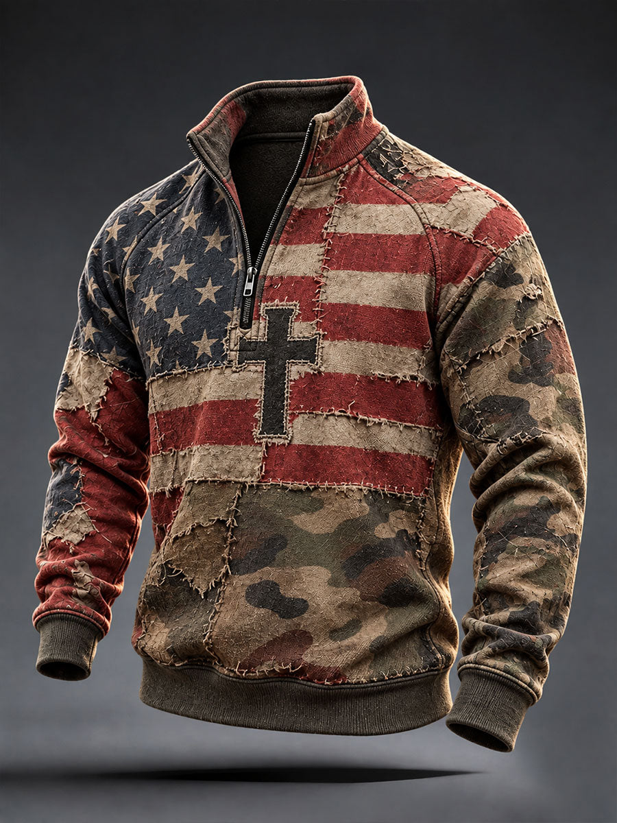 Men's American Flag Camouflage Cross Print Zip-Up Hoodie