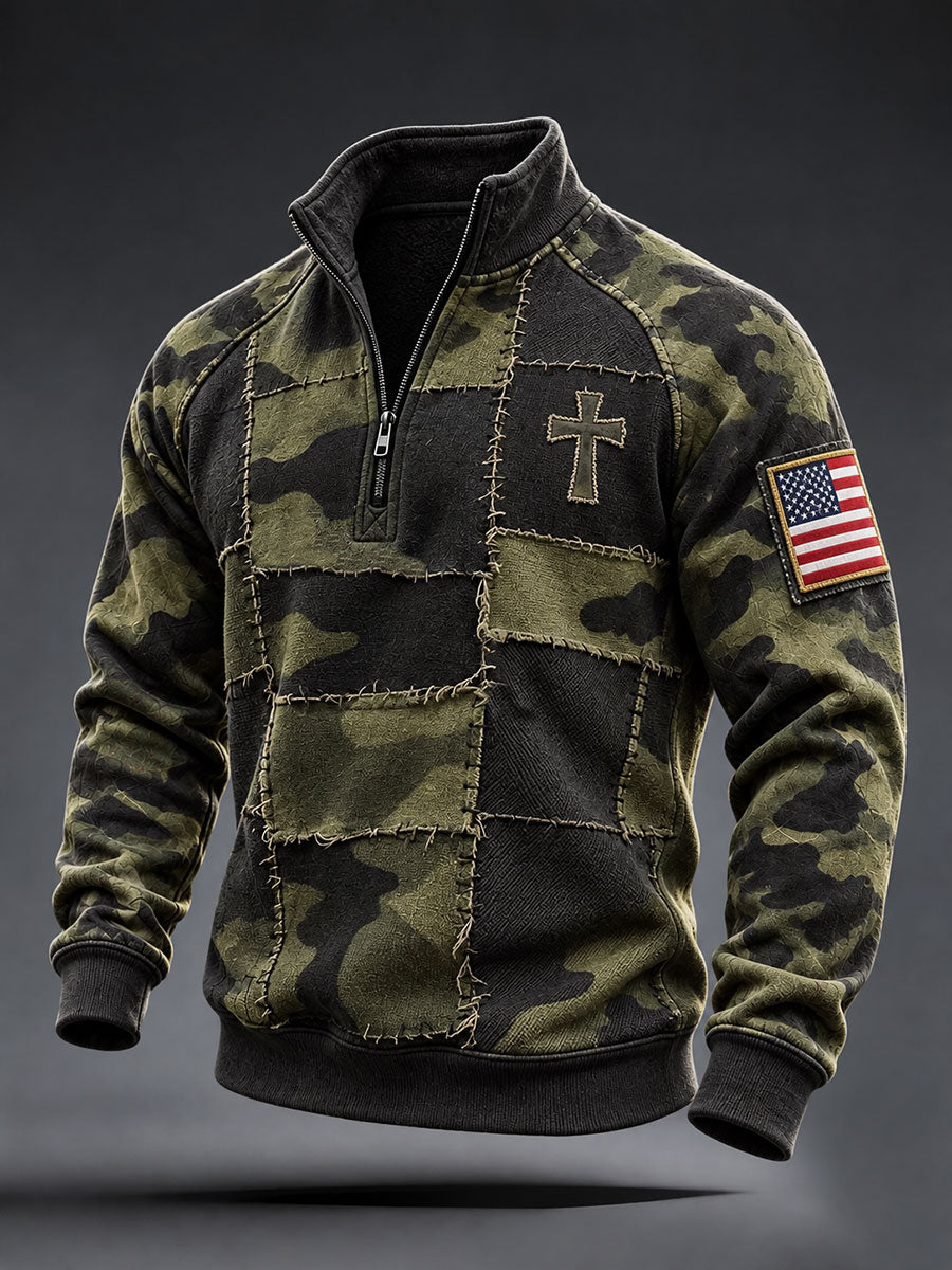 Men's American Flag Cross Camouflage Print Zip-Up Hoodie