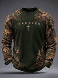 Men's Retro Christian Blessed Cross Print Casual  Waffle Long Sleeve T-Shirt